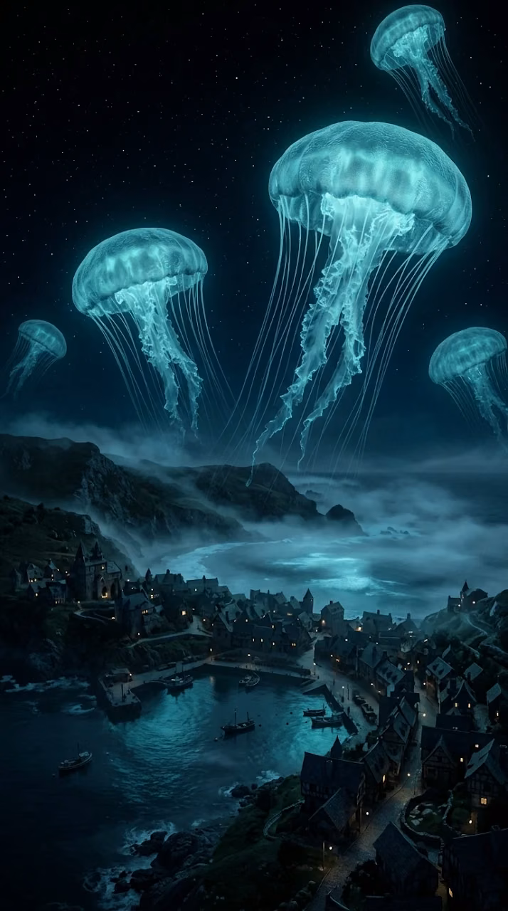 Gigantic Jellyfish Drifting Over Sleeping Coastal Town - Free Mobile AMOLED Wallpaper Background