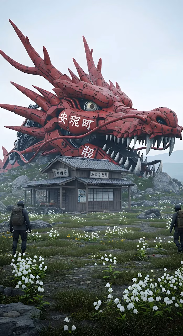 Gigantic Red Mecha Dragon Head Above Abandoned Shrine - Free Mobile AMOLED Wallpaper Background