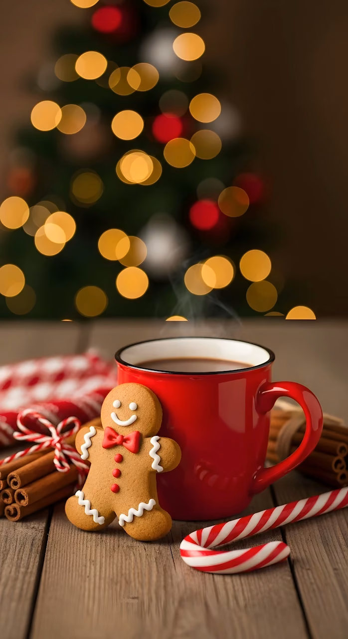Gingerbread Man Hot Cocoa Christmas Bokeh Lights - Free Mobile AMOLED Wallpaper Background