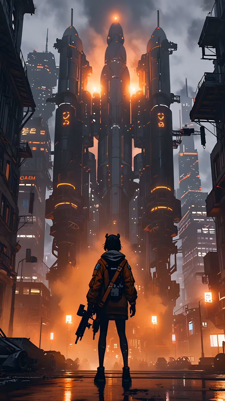 Girl with Gun Facing Towering Rockets in Cyberpunk City - Free Mobile AMOLED Wallpaper Background