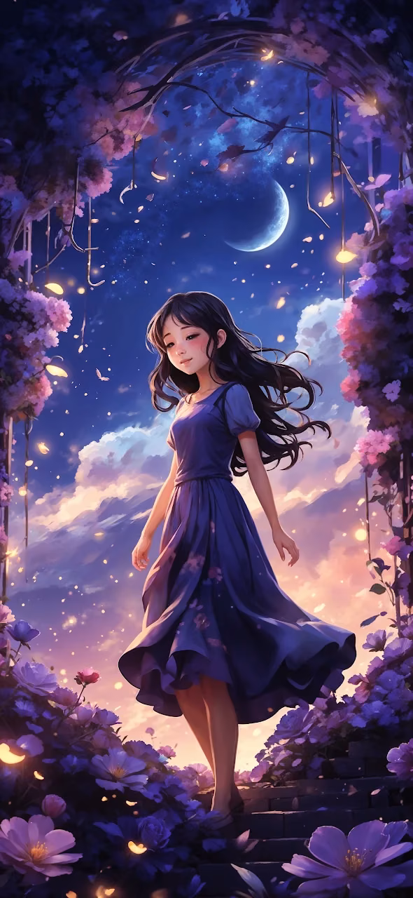 Girl in Purple Dress Under Starlit Floral Archway - Free Mobile AMOLED Wallpaper Background