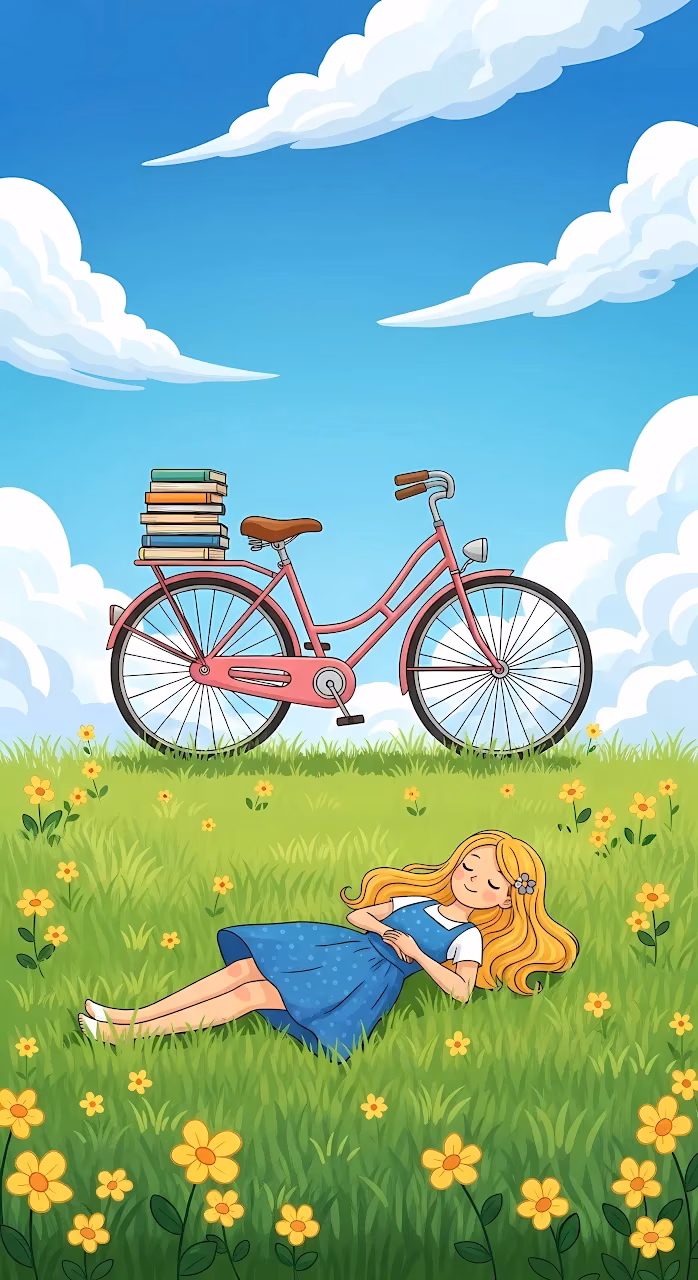 Download Girl Sleeping Peacefully in a Sunny Meadow with Bicycle Wallpaper in Mobile HD Girl Sleeping Peacefully in a Sunny Meadow with Bicycle - Free Mobile AMOLED Wallpaper Background