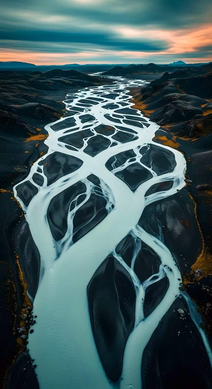Download Glacial Braided River Delta in Black Volcanic Landscape Wallpaper in Mobile HD Glacial Braided River Delta in Black Volcanic Landscape - Free Mobile AMOLED Wallpaper Background