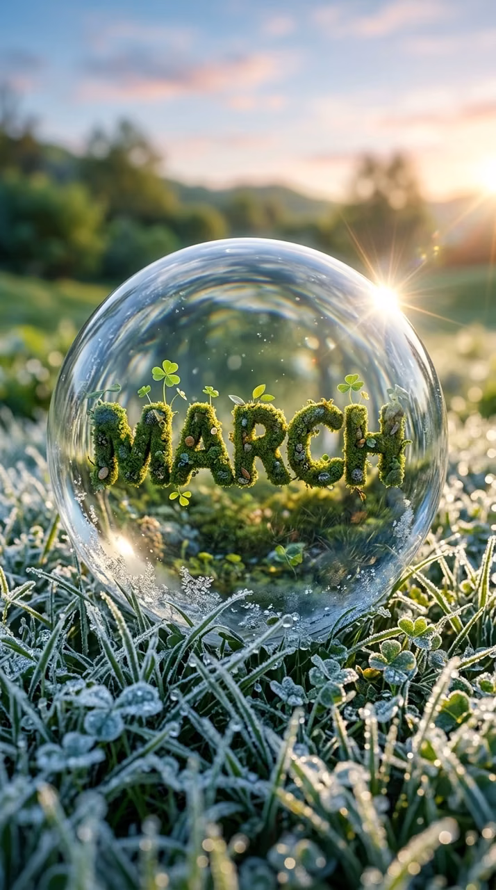 Download Glass Orb with 'MARCH' Typography and Clover Sprouts in Snow Wallpaper in Mobile HD Glass Orb with 'MARCH' Typography and Clover Sprouts in Snow - Free Mobile AMOLED Wallpaper Background