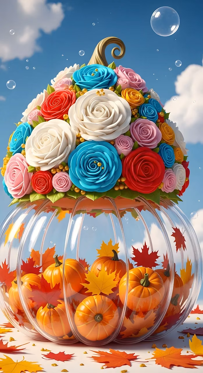Glass Pumpkin Filled with Autumn Leaves and Flowers - Free Mobile AMOLED Wallpaper Background