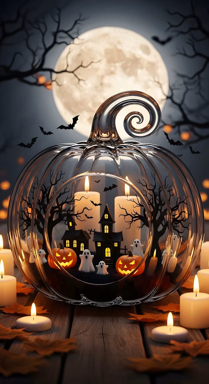Glass Pumpkin Terrarium with Spooky Halloween Scene - Free Mobile AMOLED Wallpaper Background