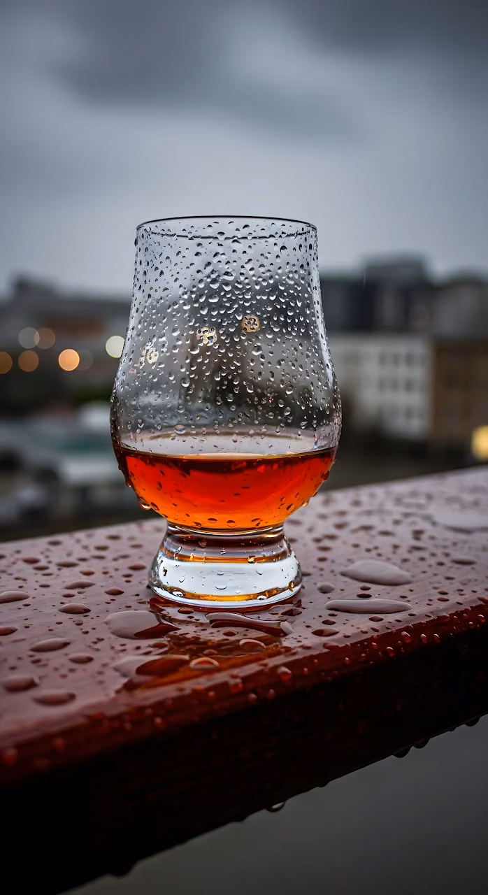 Glencairn Glass of Whiskey on Rainy City Balcony - Free Mobile AMOLED Wallpaper Background