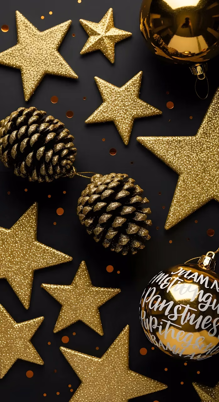 Glitter Gold Stars Pinecones Black Festive Layout - Free Mobile AMOLED Wallpaper Background