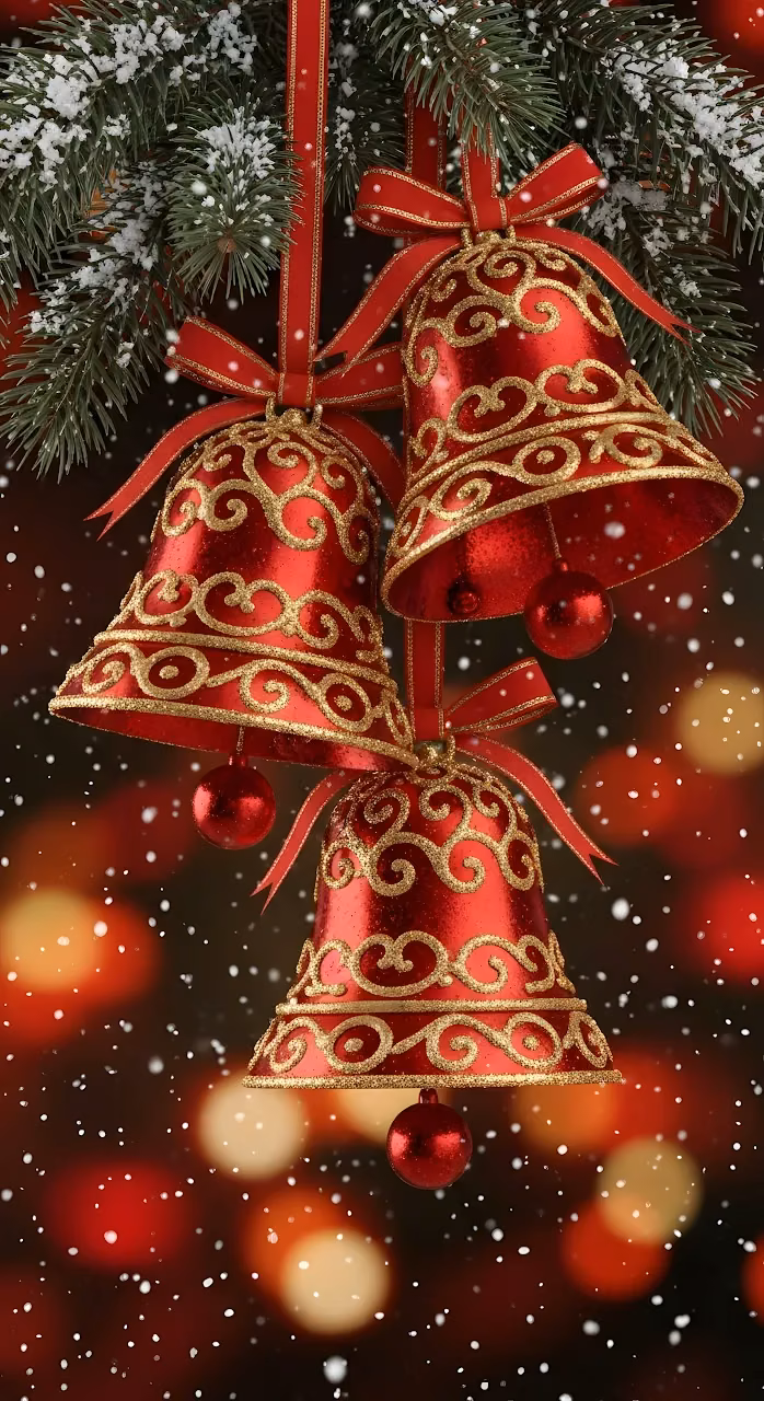 Glittering Red and Gold Christmas Bells with Snow - Free Mobile AMOLED Wallpaper Background