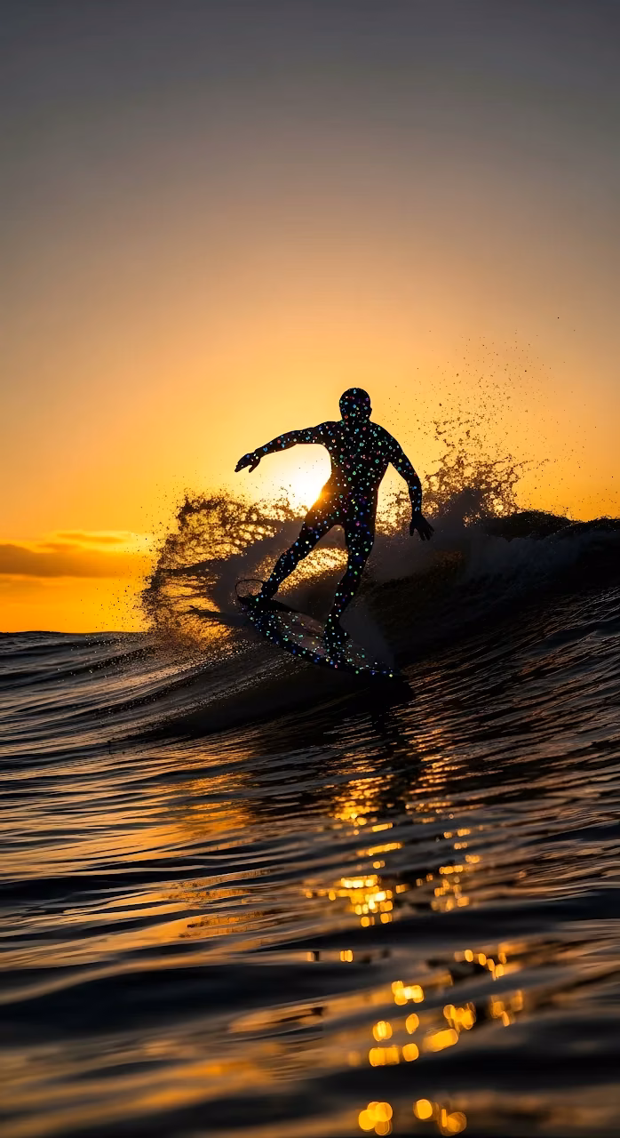 Download Glittering Surfer Silhouette Riding Ocean Wave at Sunset Wallpaper in Mobile HD Glittering Surfer Silhouette Riding Ocean Wave at Sunset - Free Mobile AMOLED Wallpaper Background