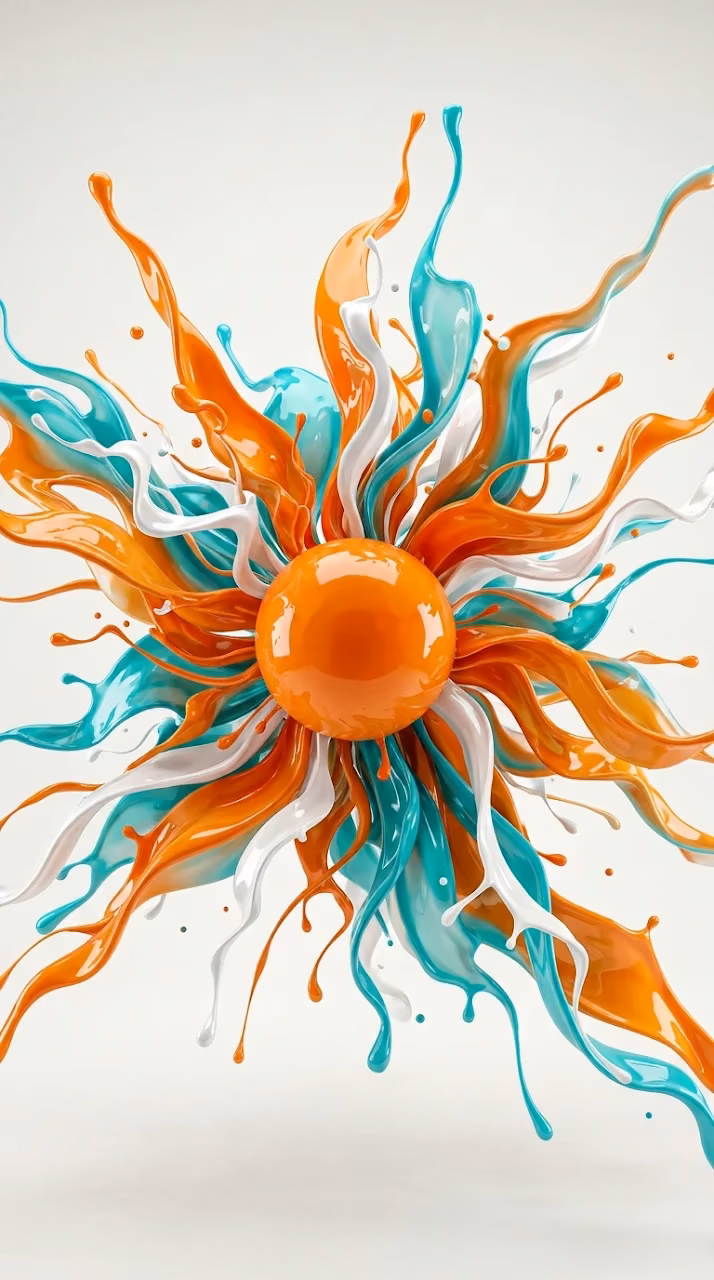 Glossy Abstract Liquid Splash in Orange Teal and White Tones - Free Mobile AMOLED Wallpaper Background