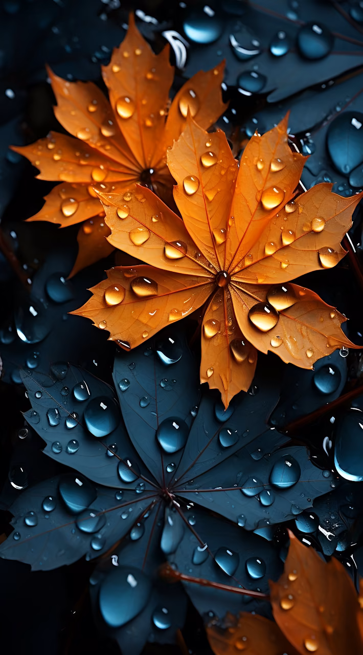 Glossy Autumn Foliage with Raindrops Teal and Amber - Free Mobile AMOLED Wallpaper Background