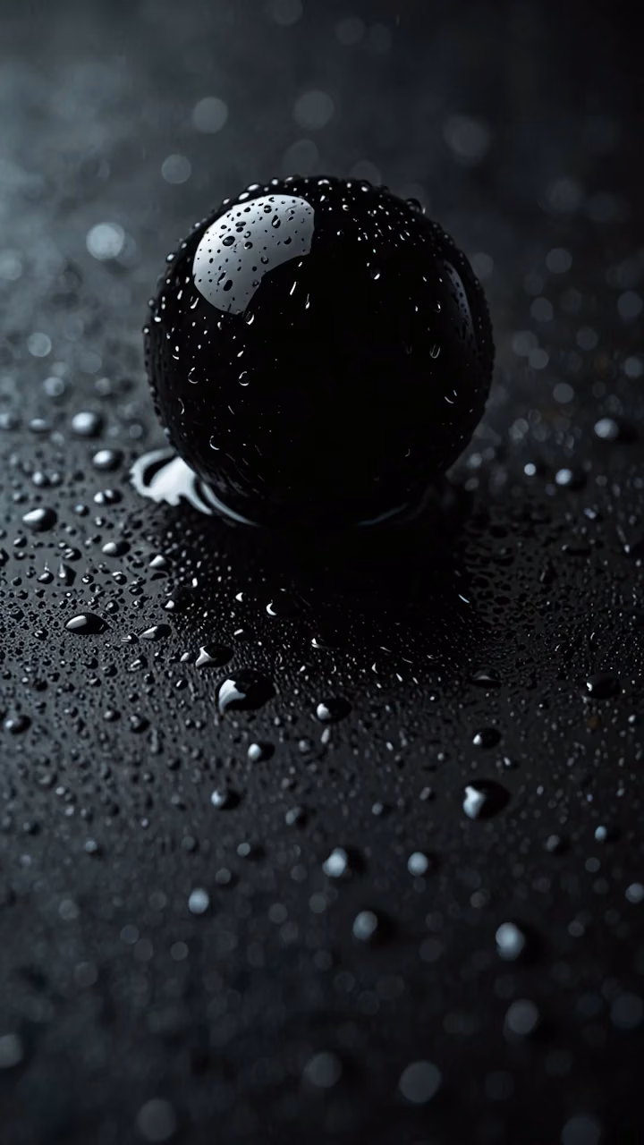Glossy black sphere covered in water droplets on dark surface - Free Mobile AMOLED Wallpaper Background
