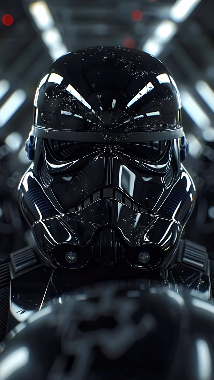 Download Glossy Black Stormtrooper Helmet in Sci-Fi Corridor Wallpaper in Mobile HD Glossy Black Stormtrooper Helmet in Sci-Fi Corridor - Free Mobile AMOLED Wallpaper Background