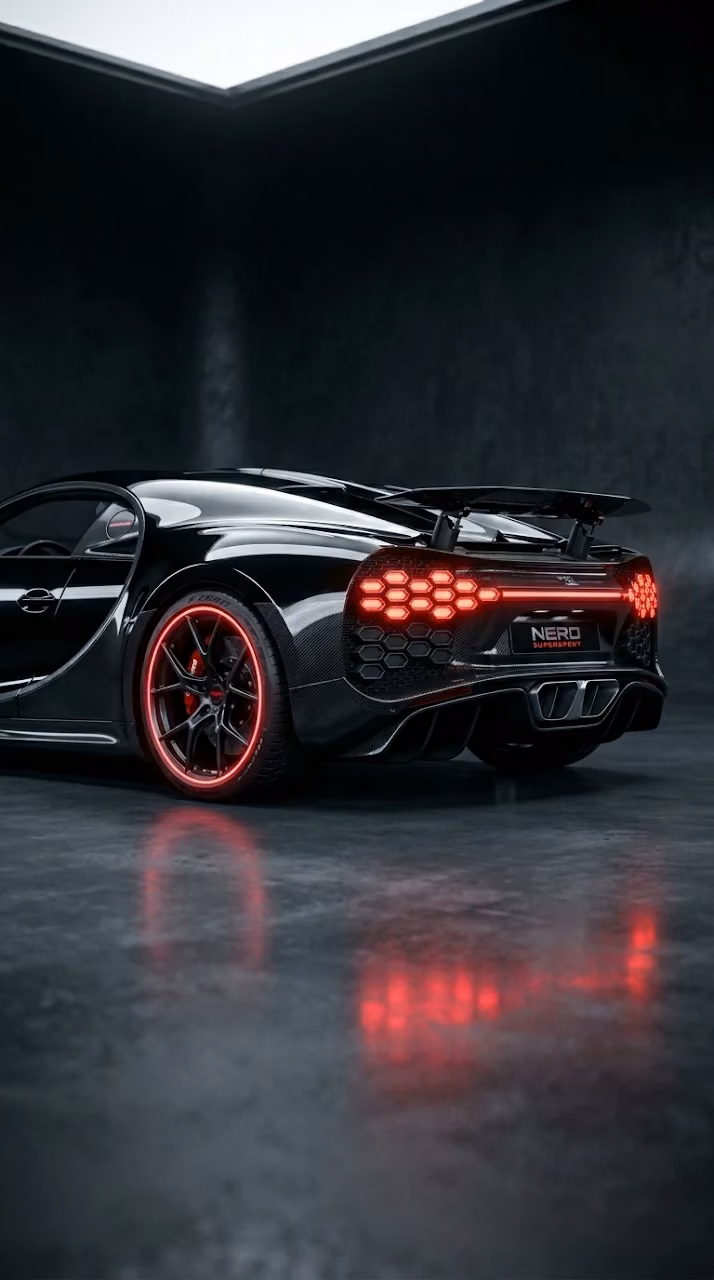 Download Glossy Black Supercar with Red Accent Wheels in Dark Studio Wallpaper in Mobile HD Glossy Black Supercar with Red Accent Wheels in Dark Studio - Free Mobile AMOLED Wallpaper Background