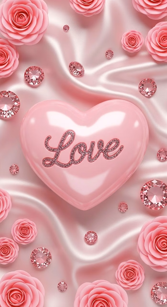 Download Glossy Pink Heart with Sparkling Gemstones and Roses Wallpaper in Mobile HD Glossy Pink Heart with Sparkling Gemstones and Roses - Free Mobile AMOLED Wallpaper Background