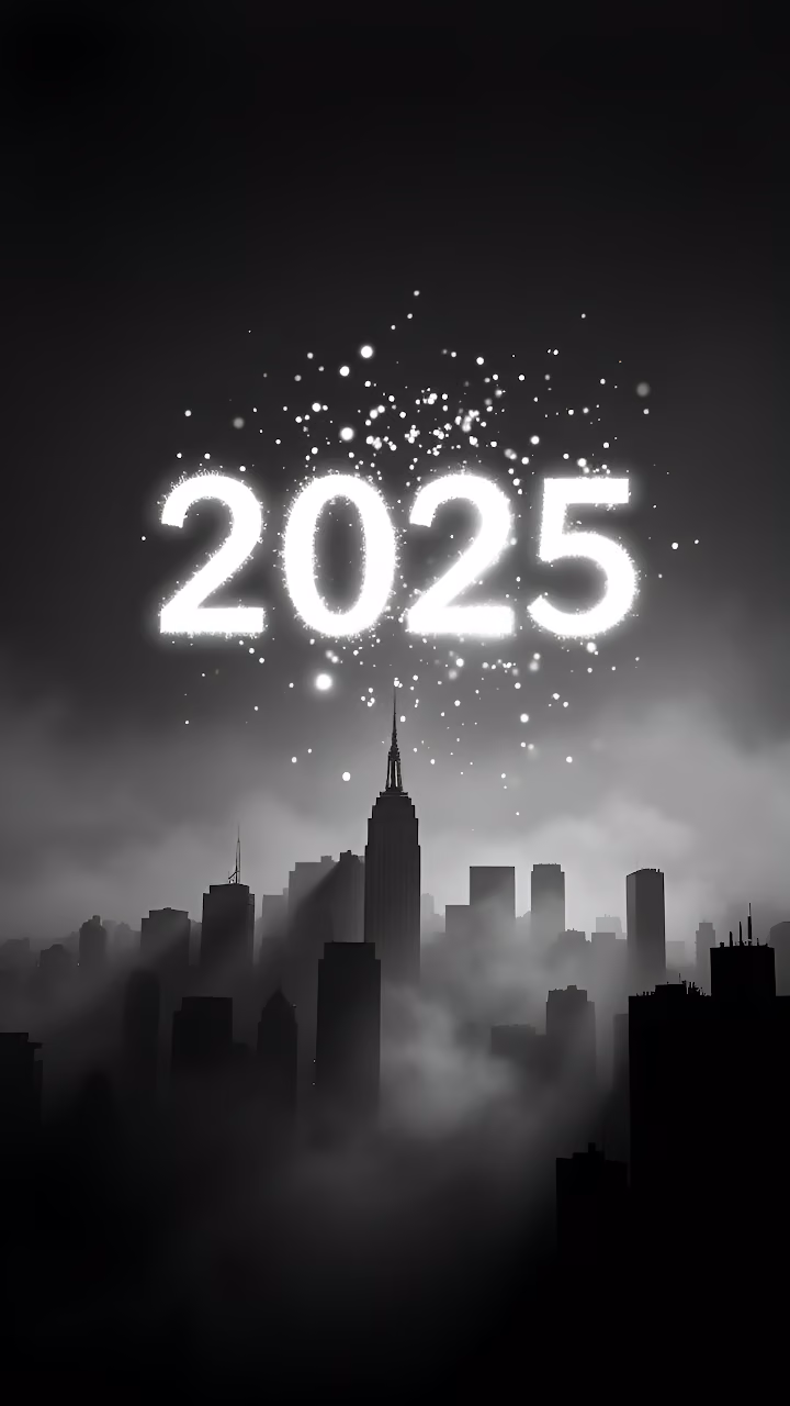 Glowing 2025 Over Misty City Skyline in Monochrome - Free Mobile AMOLED Wallpaper Background