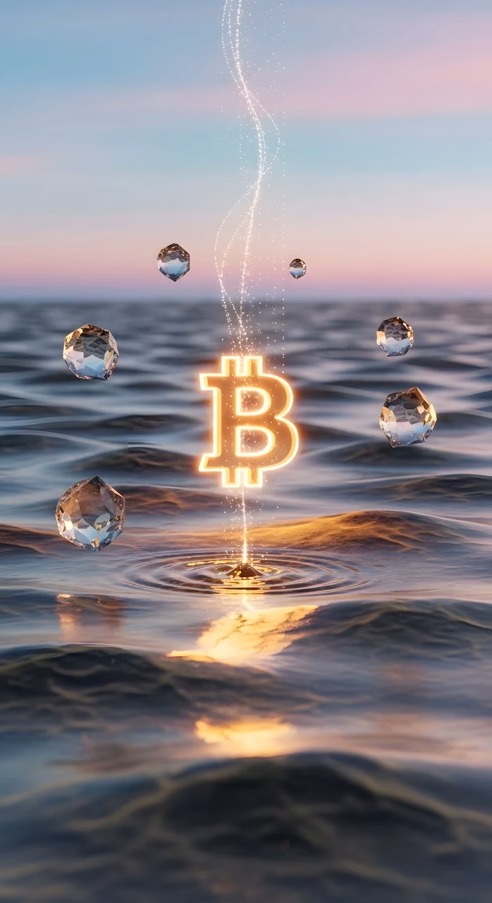 Glowing Bitcoin Symbol Rising from Ethereal Water - Free Mobile AMOLED Wallpaper Background