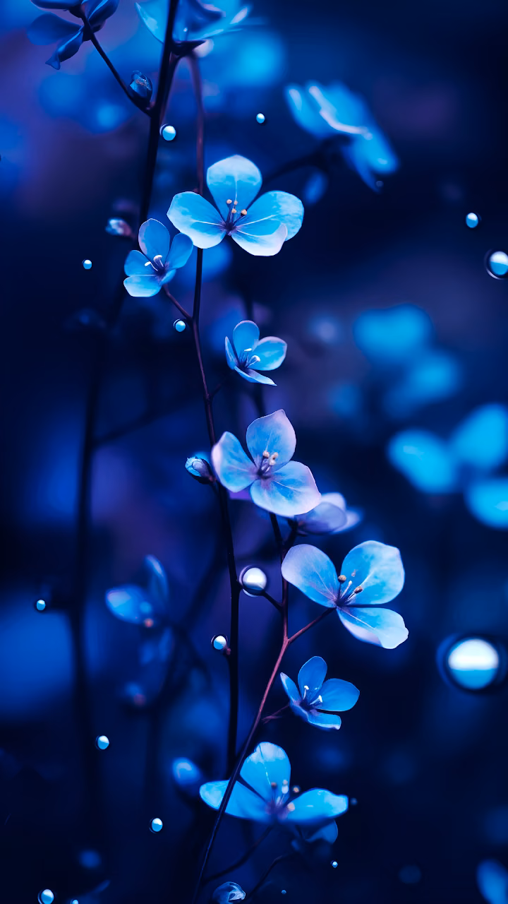Glowing Blue Flowers in Ethereal Dark Background - Free Mobile AMOLED Wallpaper Background