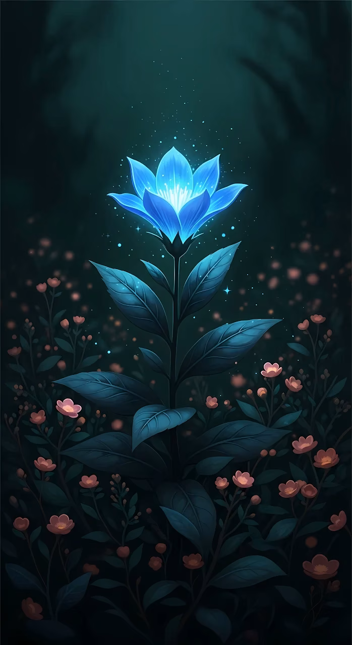 Glowing Blue Lotus Flower in a Dark Enchanted Forest - Free Mobile AMOLED Wallpaper Background