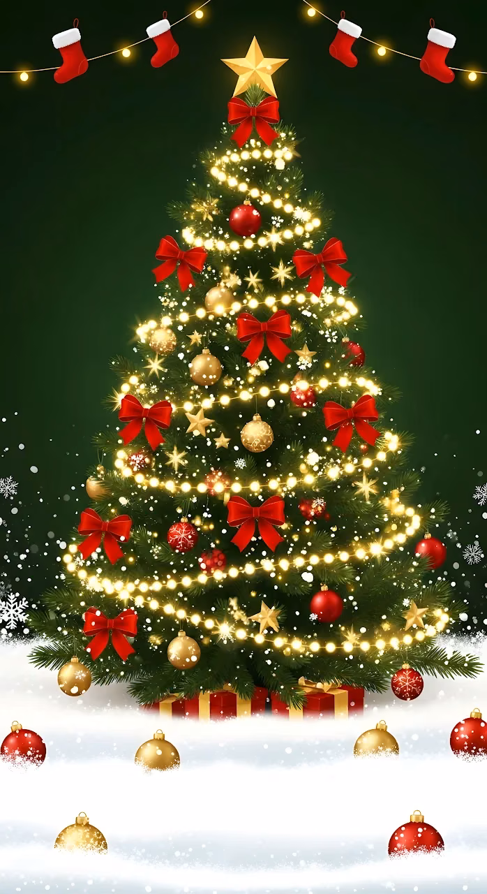 Glowing Christmas Tree Red Bows Snowy Festive Scene - Free Mobile AMOLED Wallpaper Background
