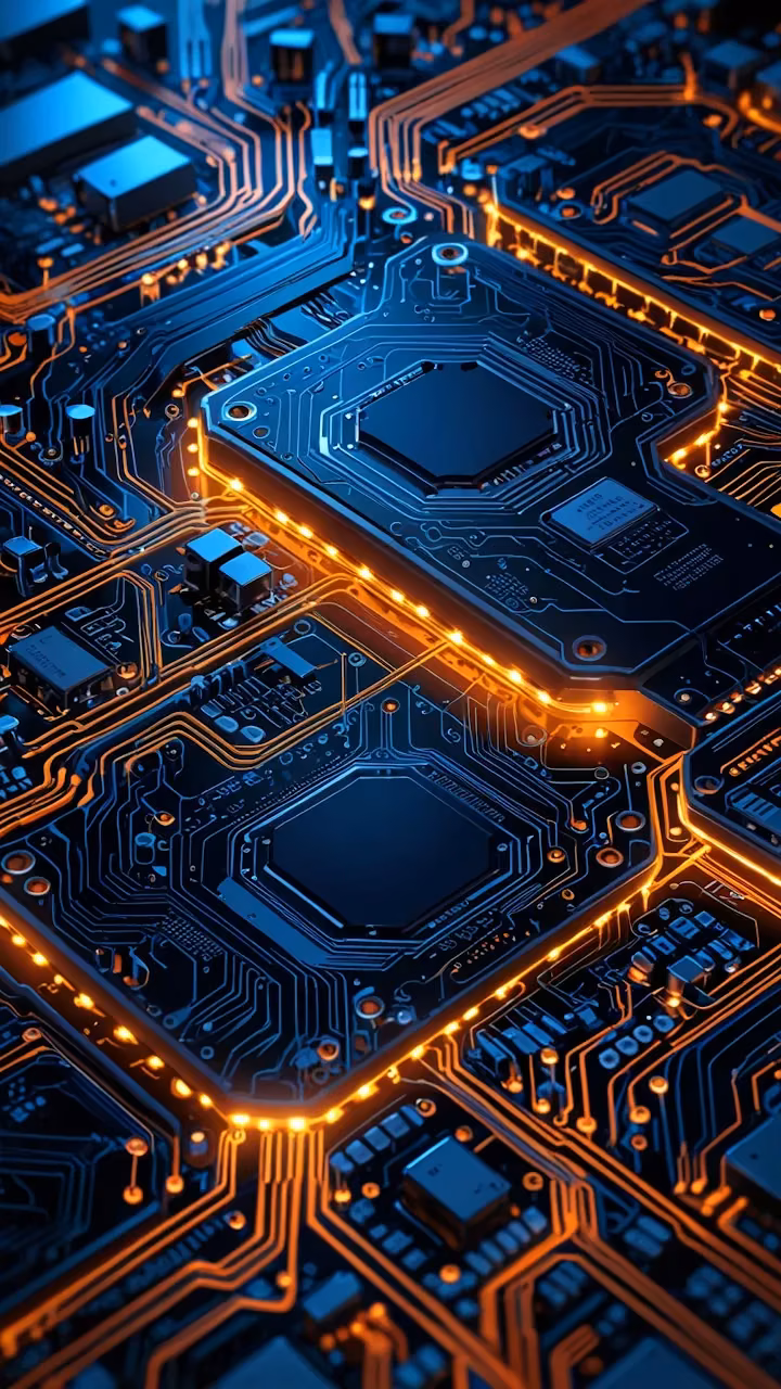 Glowing circuit board with blue and orange illuminated pathways - Free Mobile AMOLED Wallpaper Background