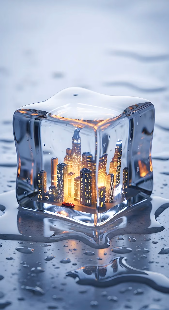 Glowing City Skyline Encased Inside a Melting Ice Cube - Free Mobile AMOLED Wallpaper Background