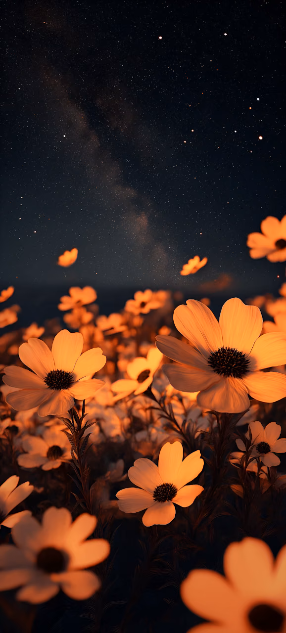 Glowing Cosmos Flowers Night Sky Milky Way Field - Free Mobile AMOLED Wallpaper Background