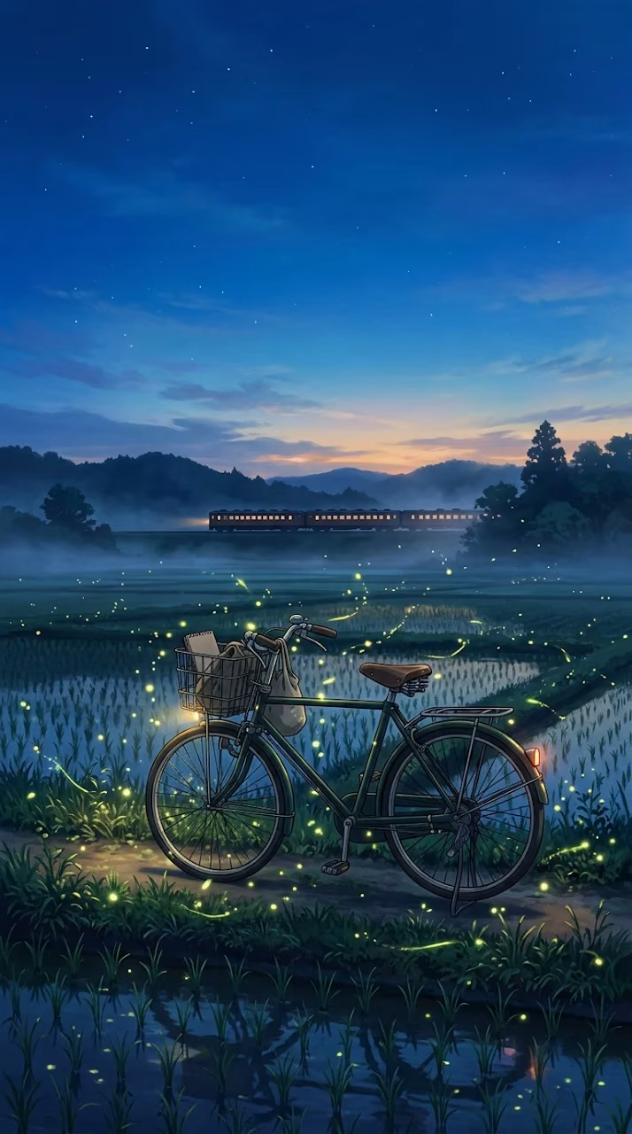Download Glowing Fireflies and Bicycle beside Rural Rice Field Wallpaper in Mobile HD Glowing Fireflies and Bicycle beside Rural Rice Field - Free Mobile AMOLED Wallpaper Background