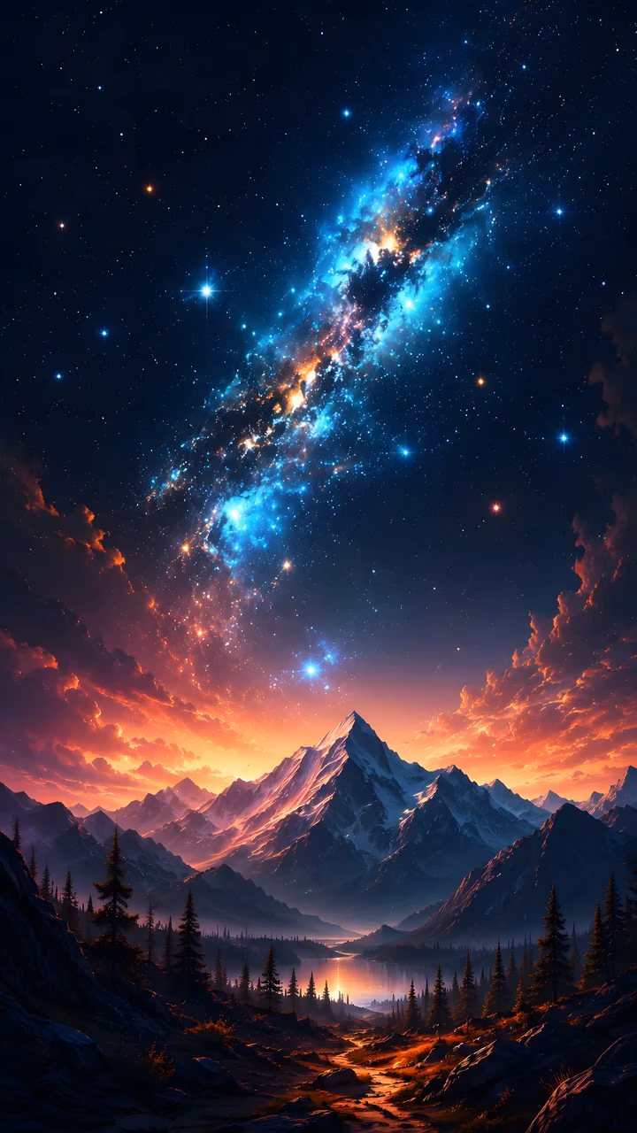 Download Glowing Galaxy Above a Mountain Valley Wallpaper in Mobile HD Bright blue galaxy rises above a snowy mountain, orange horizon, dark pine forest and reflective valley lake.