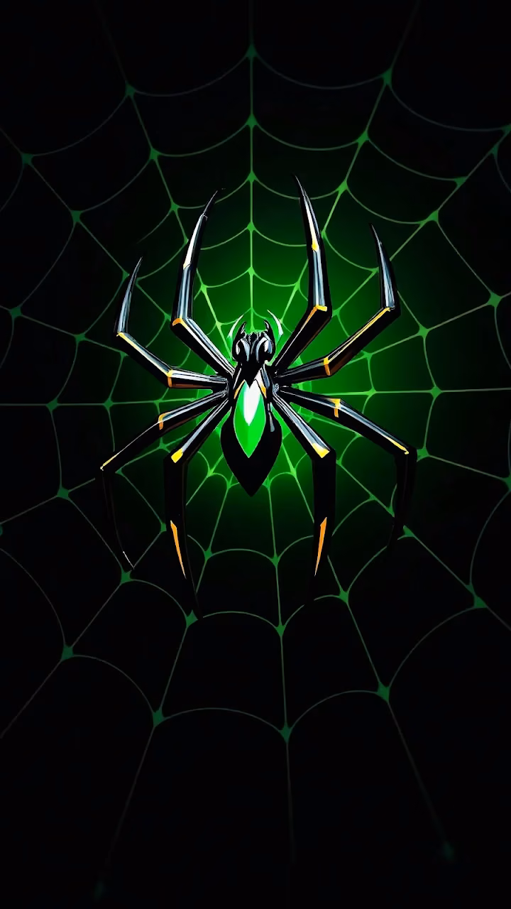 Glowing Green Spider on Neon Web in Darkness - Free Mobile AMOLED Wallpaper Background