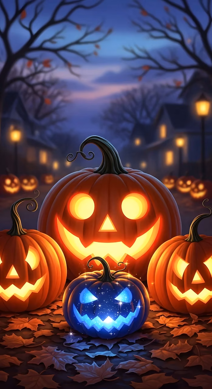 Glowing Jack-O'-Lanterns on a Spooky Street - Free Mobile AMOLED Wallpaper Background