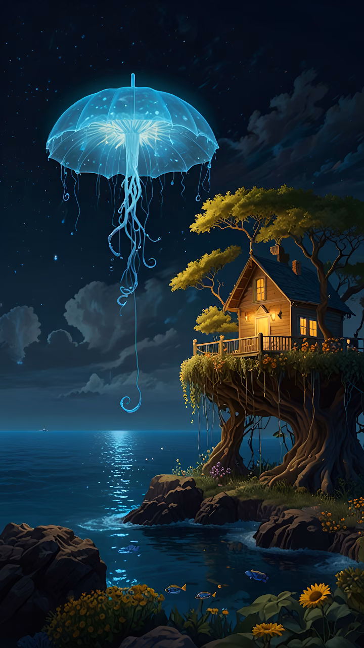 Download Glowing Jellyfish Umbrella Over Treehouse by Ocean Wallpaper in Mobile HD Glowing Jellyfish Umbrella Over Treehouse by Ocean - Free Mobile AMOLED Wallpaper Background