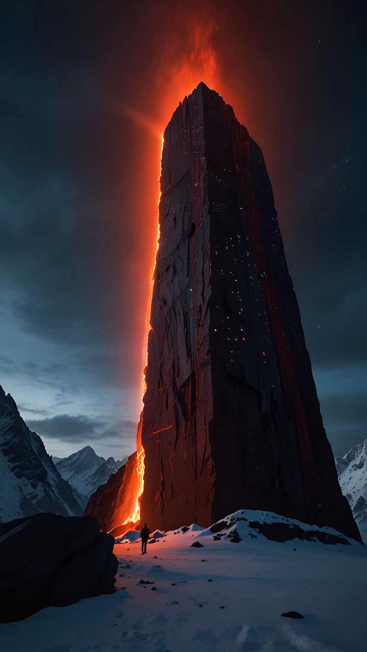 Download Glowing Lava Monolith in Snowy Mountain Landscape Wallpaper in Mobile HD Glowing Lava Monolith in Snowy Mountain Landscape - Free Mobile AMOLED Wallpaper Background