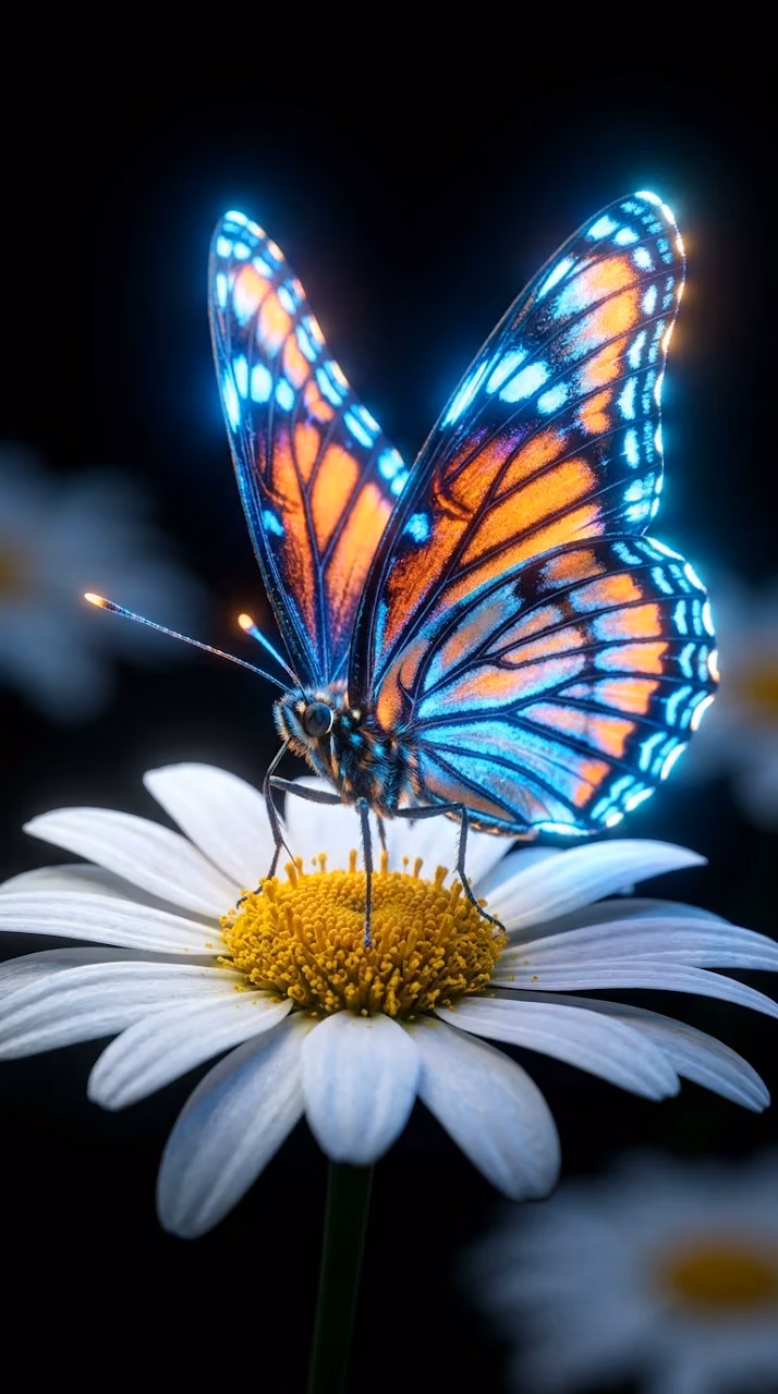 Glowing Orange Butterfly on Daisy Macro 3D Render - Free Mobile AMOLED Wallpaper Background
