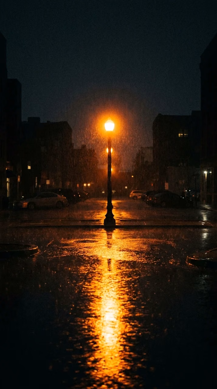 Glowing Orange Streetlight Illuminating Rain on Wet Asphalt - Free Mobile AMOLED Wallpaper Background