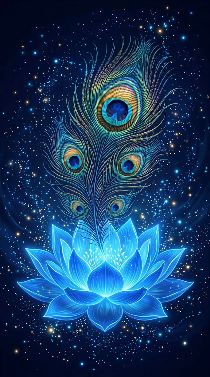 Download Glowing Peacock Feather Rising from a Bioluminescent Blue Lotus Wallpaper in Mobile HD Glowing Peacock Feather Rising from a Bioluminescent Blue Lotus - Free Mobile AMOLED Wallpaper Background