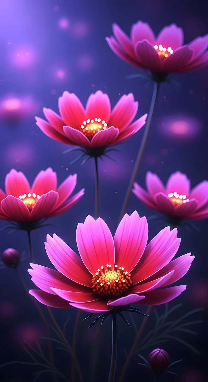 Glowing Pink Cosmos Flowers, Deep Purple Bokeh Effect - Free Mobile AMOLED Wallpaper Background