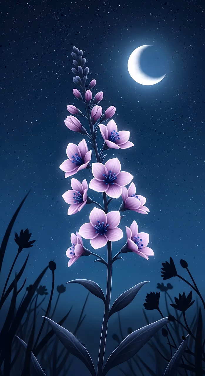 Glowing Purple Flowers Night Sky Crescent Moon Art - Free Mobile AMOLED Wallpaper Background