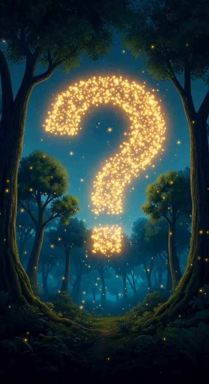 Glowing Question Mark in Magical Firefly Forest - Free Mobile AMOLED Wallpaper Background