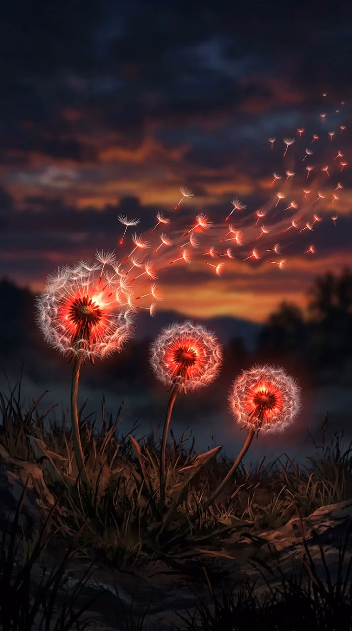 Download Glowing Red and White Dandelions with Floating Seeds at Sunset Wallpaper in Mobile HD Glowing Red and White Dandelions with Floating Seeds at Sunset - Free Mobile AMOLED Wallpaper Background