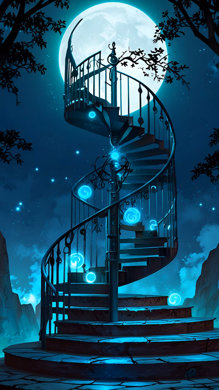 Download Glowing Spiral Staircase Under Full Moon in Night Forest Wallpaper in Mobile HD Glowing Spiral Staircase Under Full Moon in Night Forest - Free Mobile AMOLED Wallpaper Background