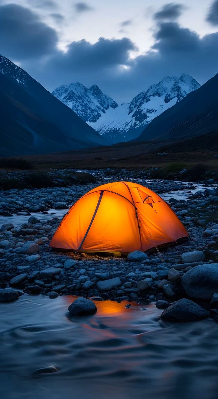 Glowing Tent in Alpine Valley at Twilight - Free Mobile AMOLED Wallpaper Background