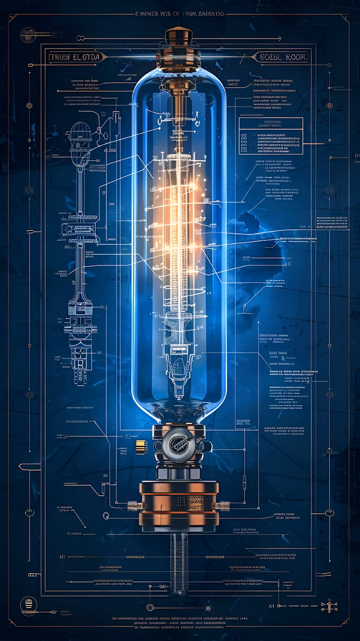 Glowing Vacuum Tube Blueprint with Technical Diagrams - Free Mobile AMOLED Wallpaper Background