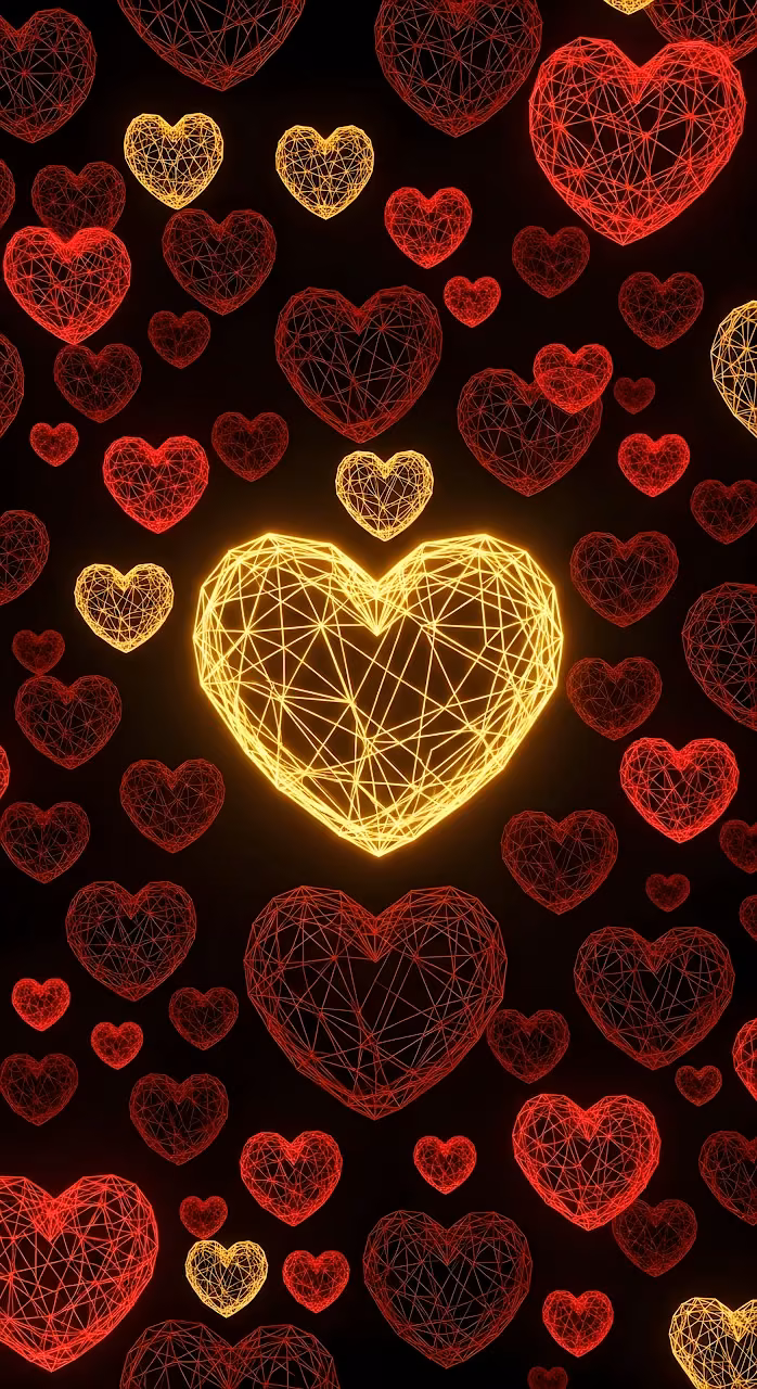 Download Glowing Wireframe Hearts Pattern Red and Gold Neon Wallpaper in Mobile HD Glowing Wireframe Hearts Pattern Red and Gold Neon - Free Mobile AMOLED Wallpaper Background