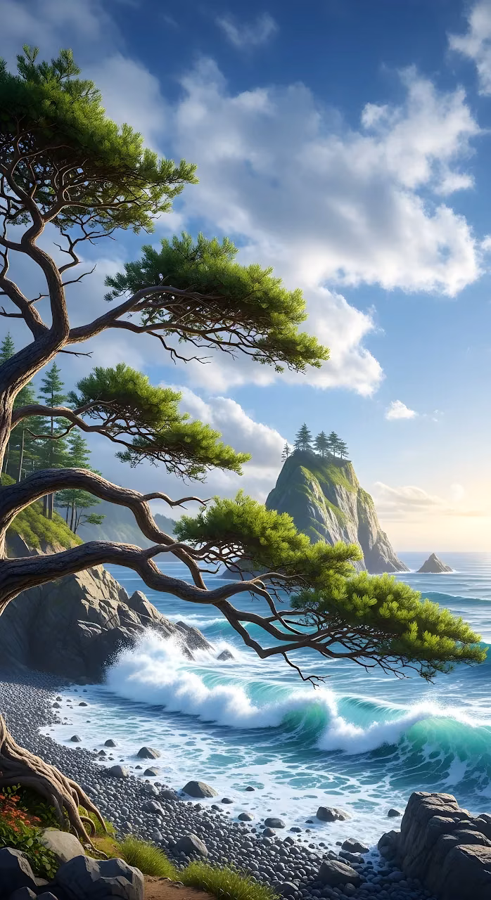Gnarled Pine Tree Over Coastal Pebble Beach and Sea Stack - Free Mobile AMOLED Wallpaper Background