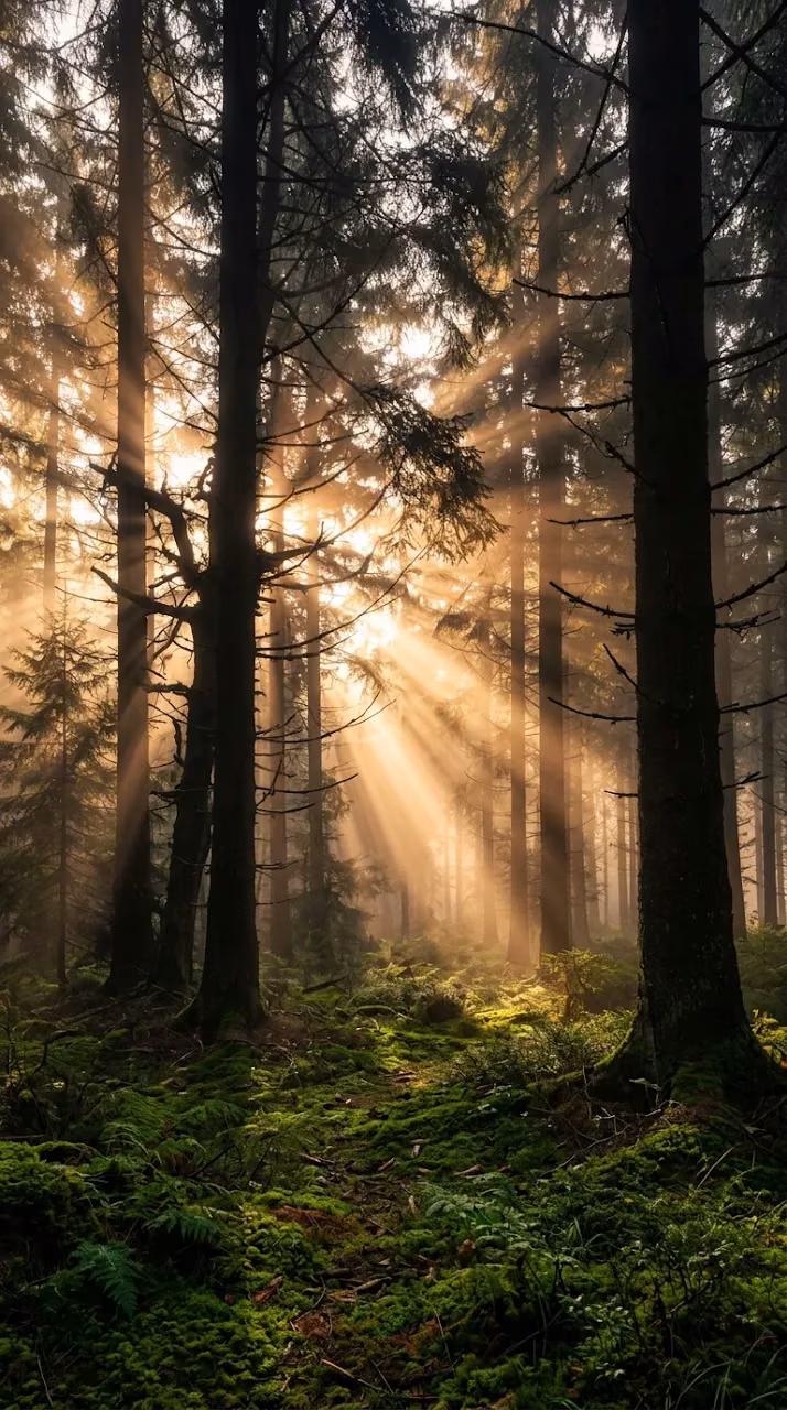 God Rays Filtering Through Misty Pine Forest at Dawn - Free Mobile AMOLED Wallpaper Background