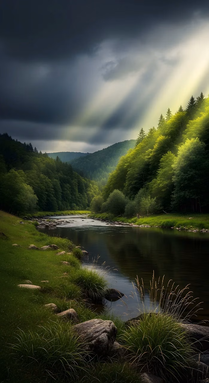 Download God Rays Illuminating Forest River Valley Stormy Sky Wallpaper in Mobile HD God Rays Illuminating Forest River Valley Stormy Sky - Free Mobile AMOLED Wallpaper Background