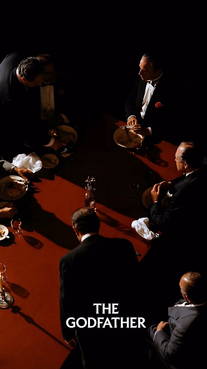 Download The Godfather Table Meeting Chiaroscuro 4K Wallpaper in Mobile HD High-angle view of men in tuxedos seated around a red dining table in dark shadow with The Godfather text.