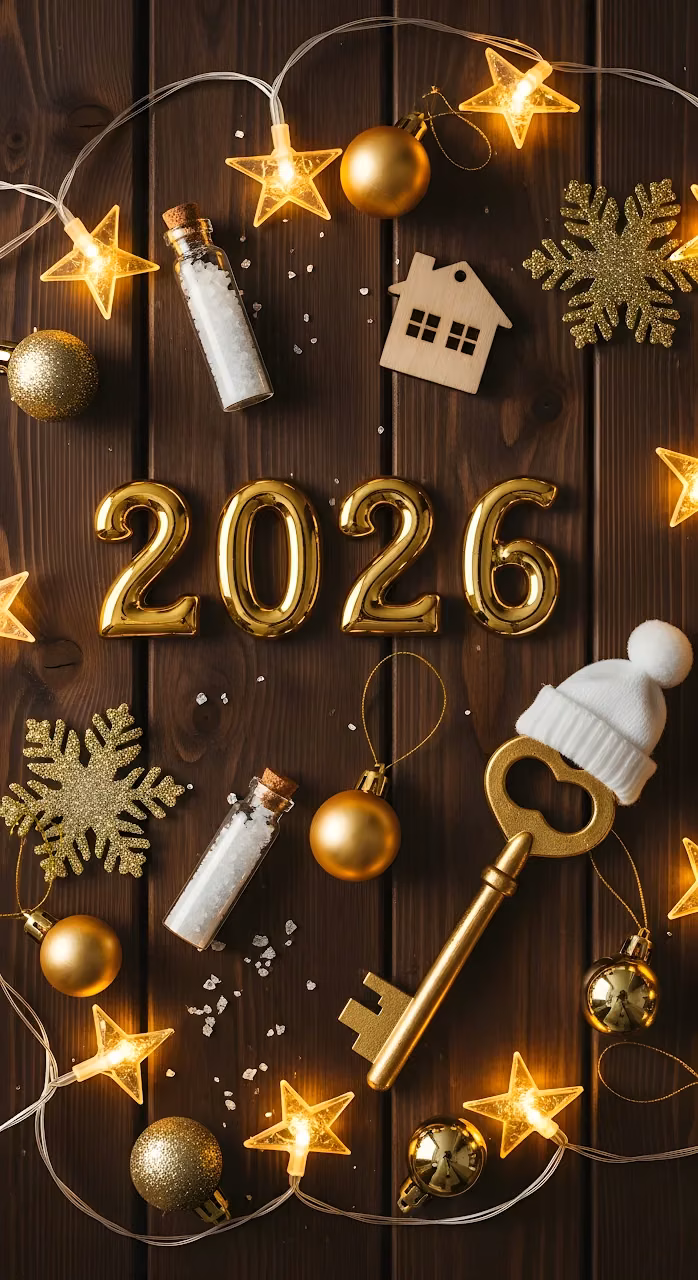Golden 2026 Numbers with Rustic Christmas Decor - Free Mobile AMOLED Wallpaper Background